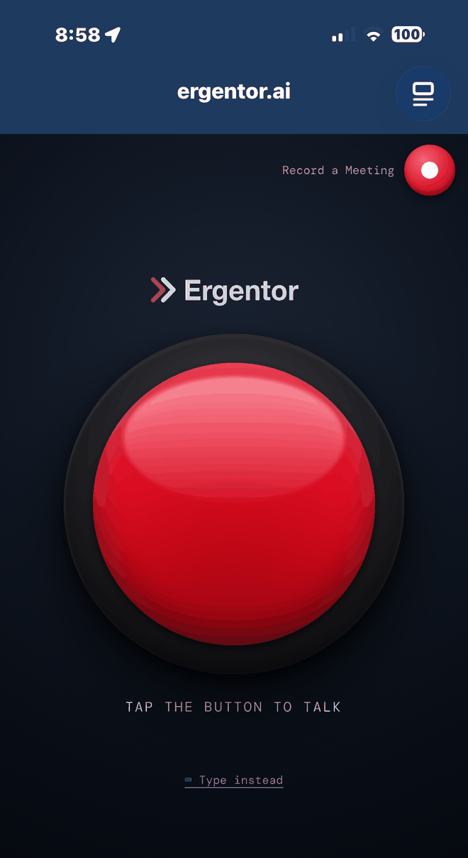 Ergentor.ai on a phone — a full-screen red button with the caption Tap the button to talk