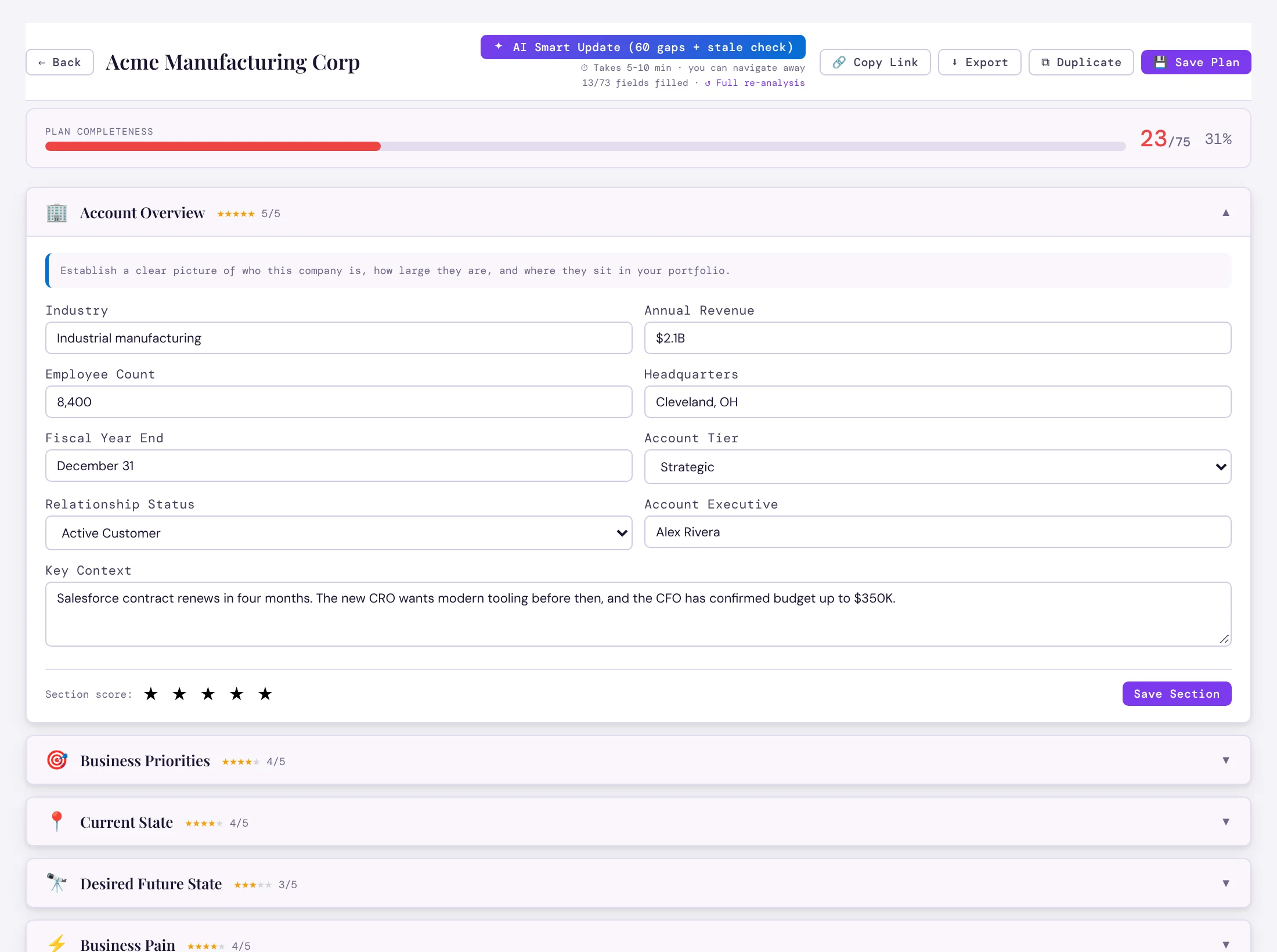 An account plan for Acme Manufacturing: completeness bar, the Account Overview section and scored sections below