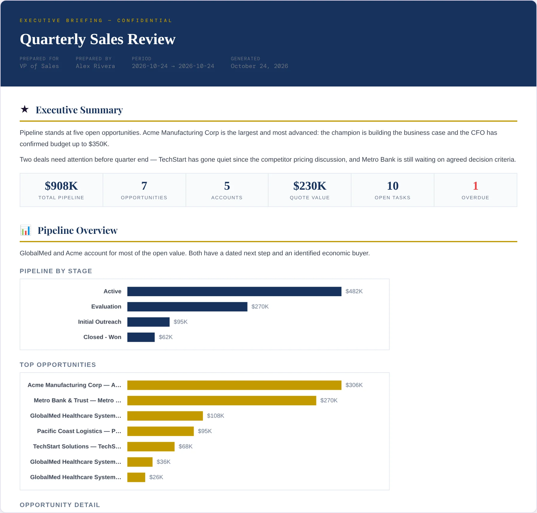 An executive briefing: summary, headline figures, pipeline by stage and top opportunities