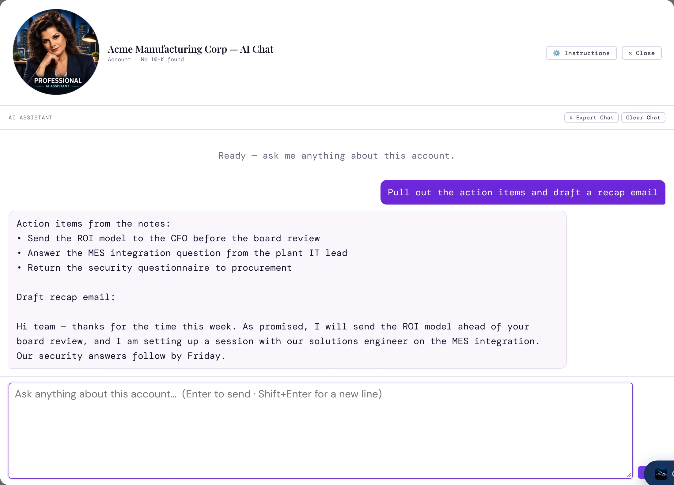 Notes AI for Acme Manufacturing listing action items and drafting a recap email