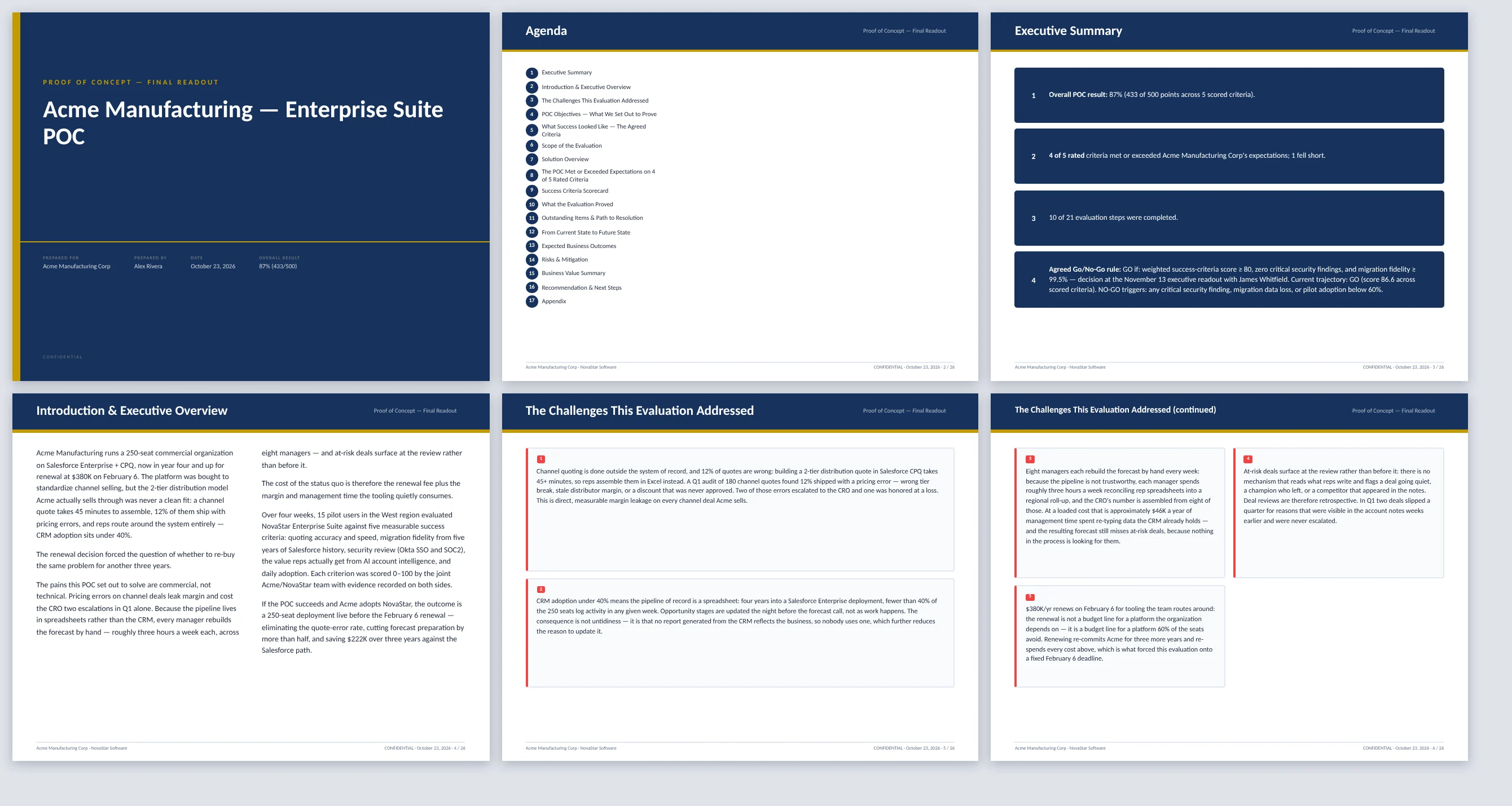 The first six slides of a POC readout deck