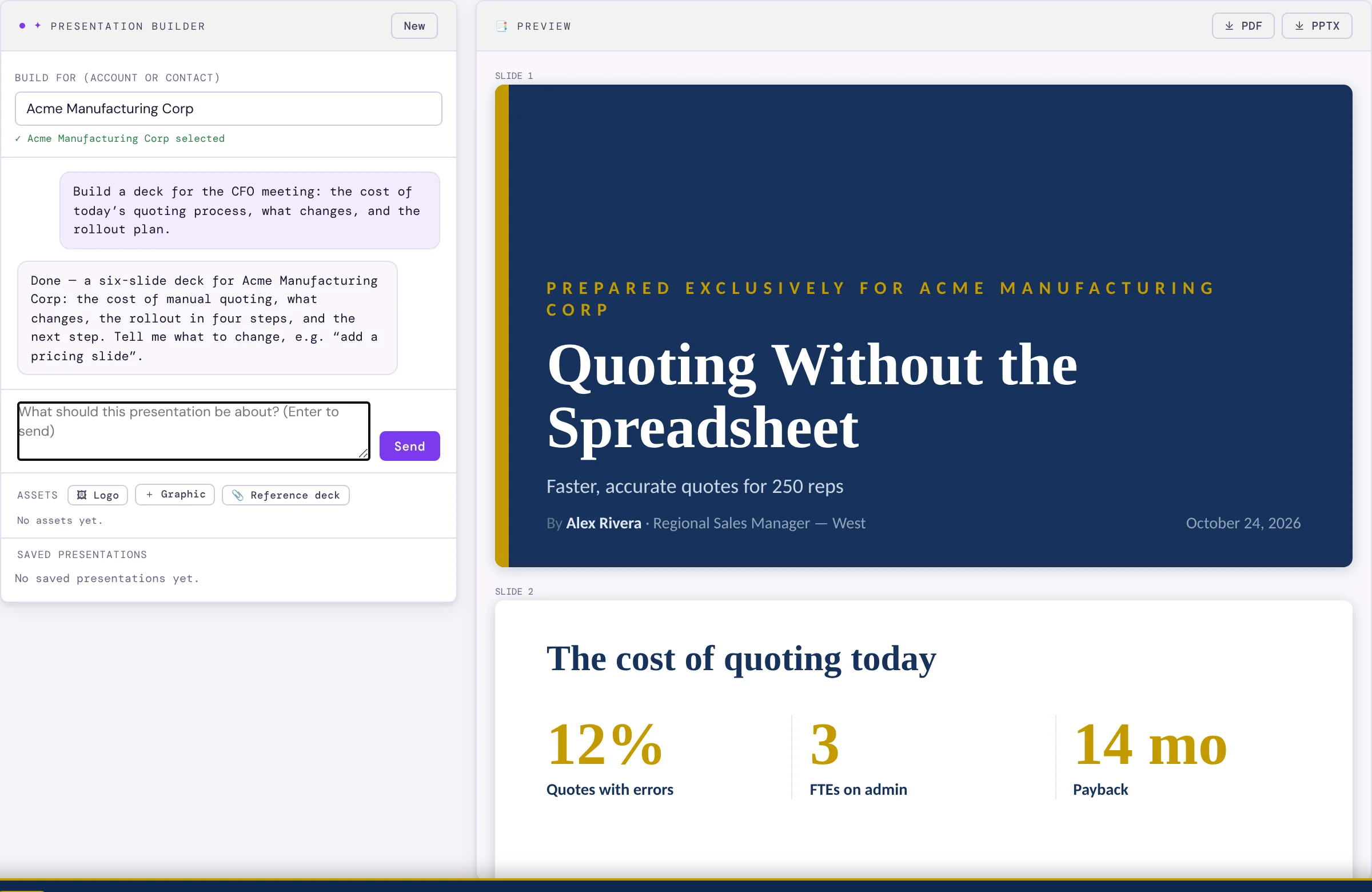 The Presentation Builder: a chat on the left and the drafted slides on the right