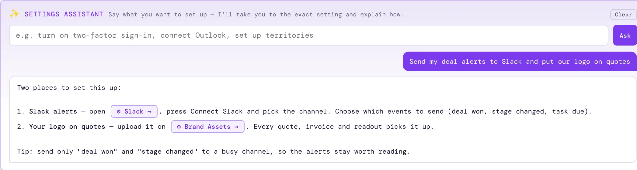 The Settings Assistant answering how to send deal alerts to Slack, with buttons to the Slack and Brand Assets settings